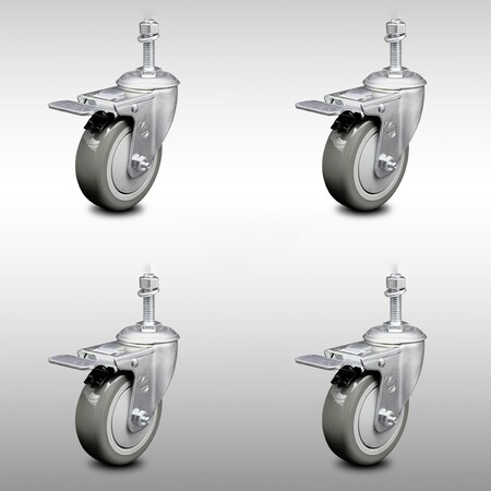 Service Caster 4 Inch SS Gray Polyurethane 10mm Threaded Stem Caster Set Total Lock Brake SCC-SSTSTTL20S414-PPUB-M1015-4